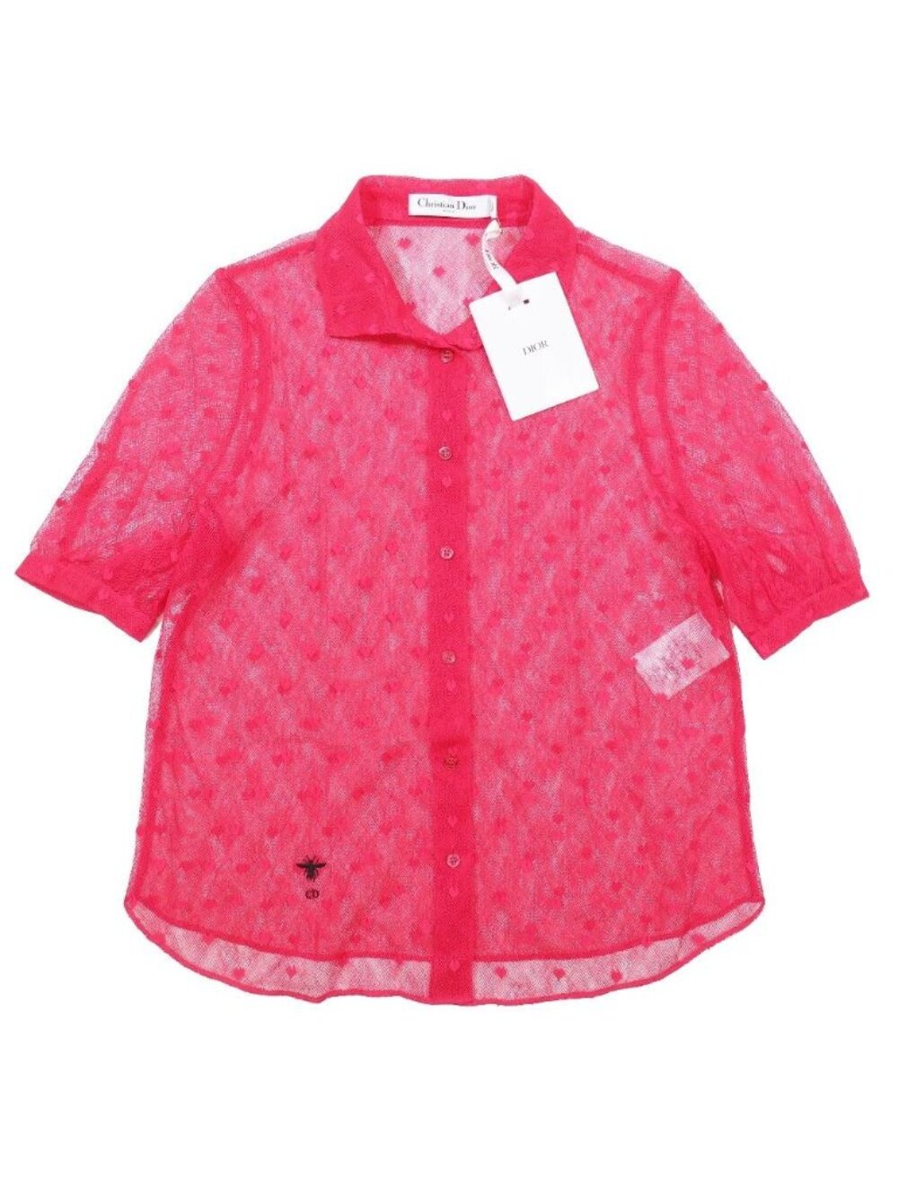 Dior Sheer Tulle Heart Lace Shirt Blouse Short Sleeve Bee Embroidery Pink 34